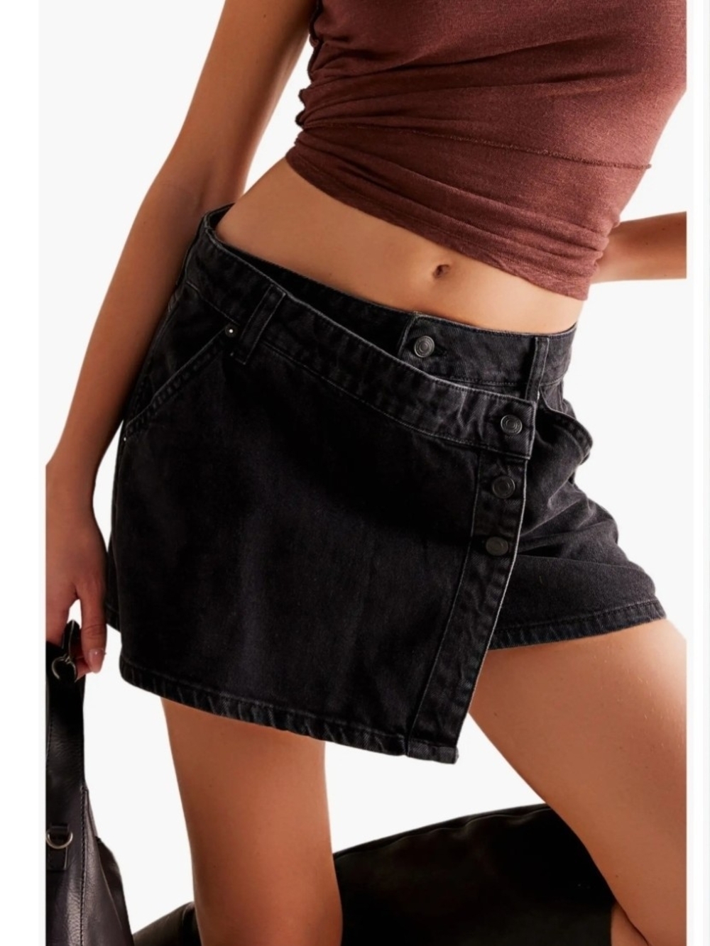 We The Free Free People Wynne Denim Asymmetric Button Fly Skirt Black Size 27